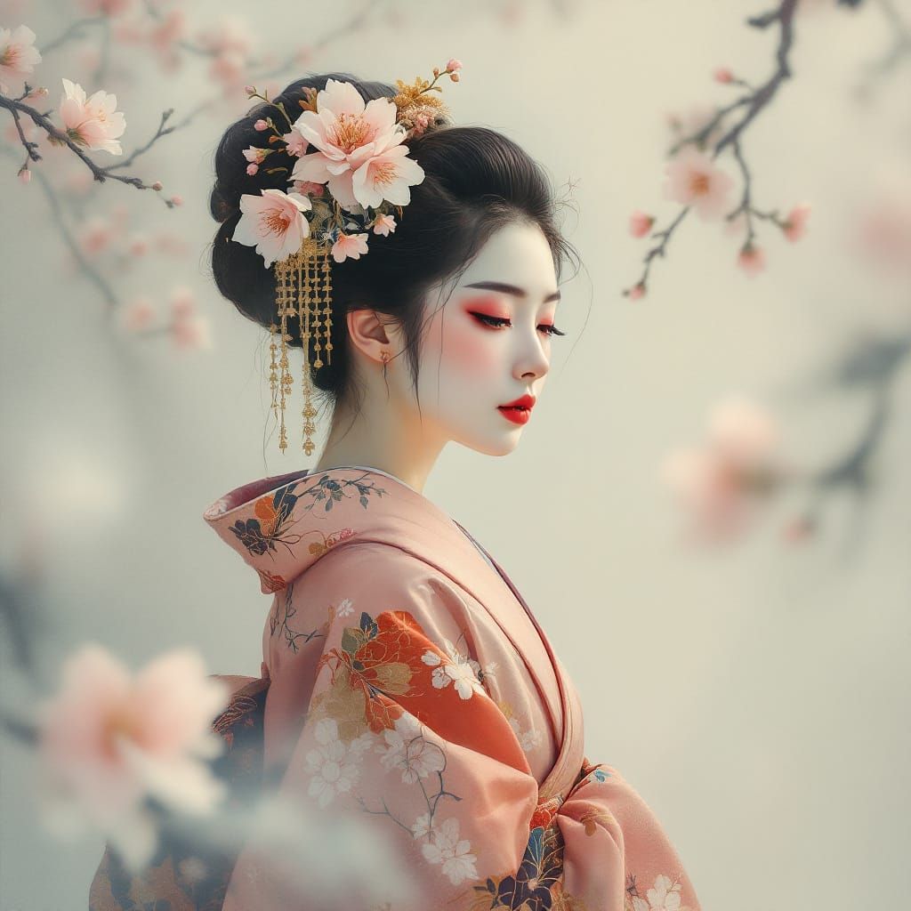 Geisha in Kimono: Ukiyo-e Impressionist Style