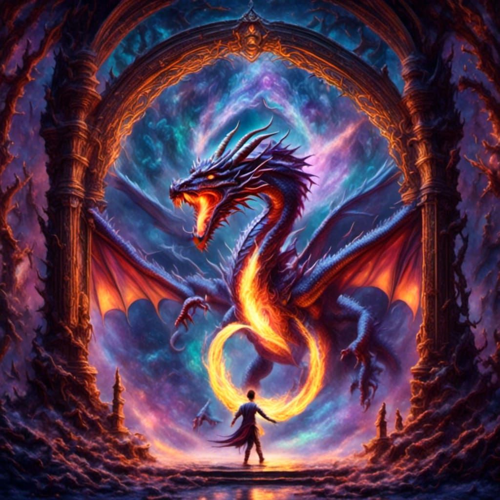 Dragon Emerges from Liquid Portal with Fairies