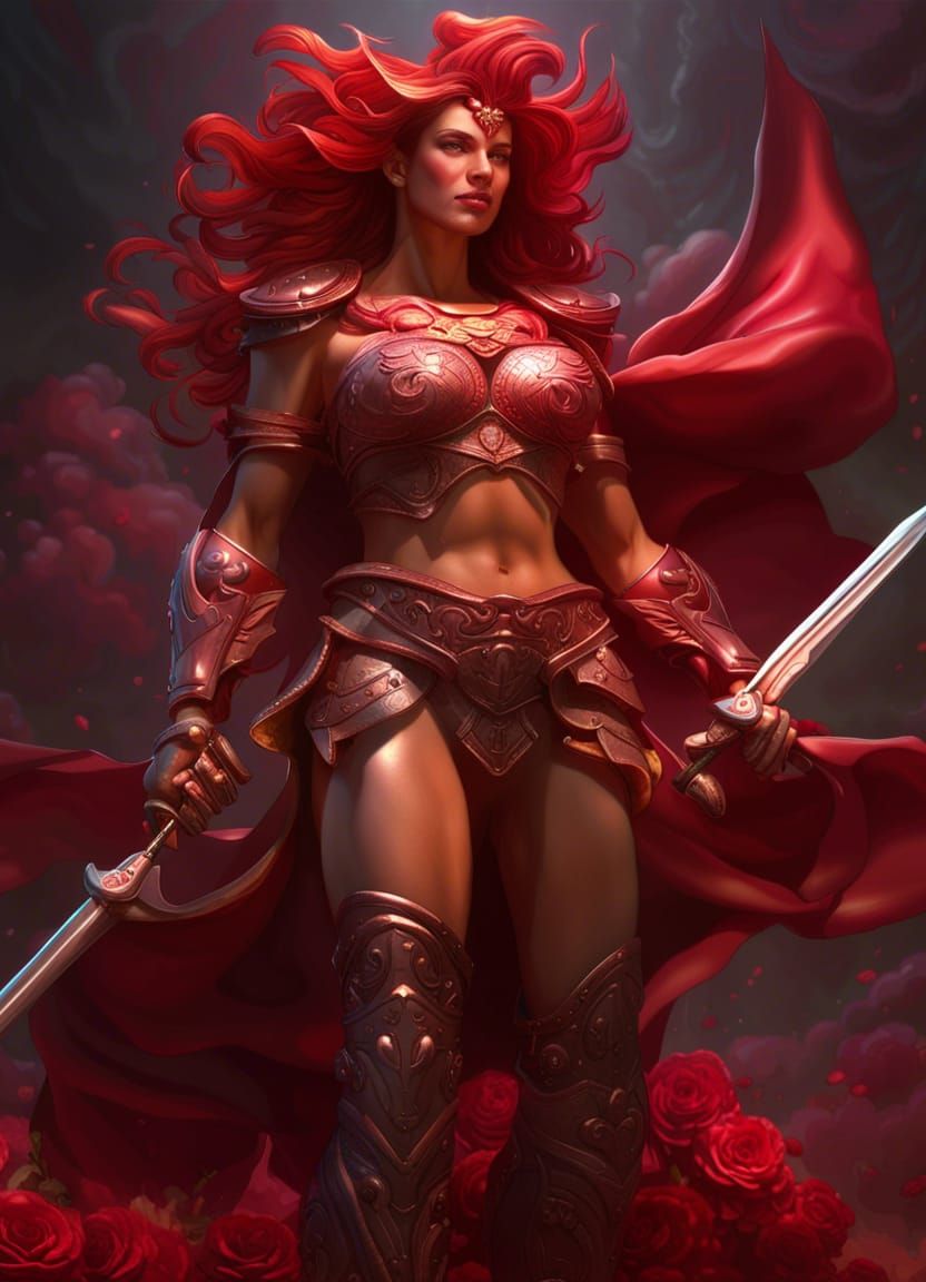 muscular Rose Red warrior maiden goddess, Libertas Esto Perp...