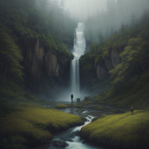 Man on Mountain with Waterfalls, Impressionistic Oil Paintin...