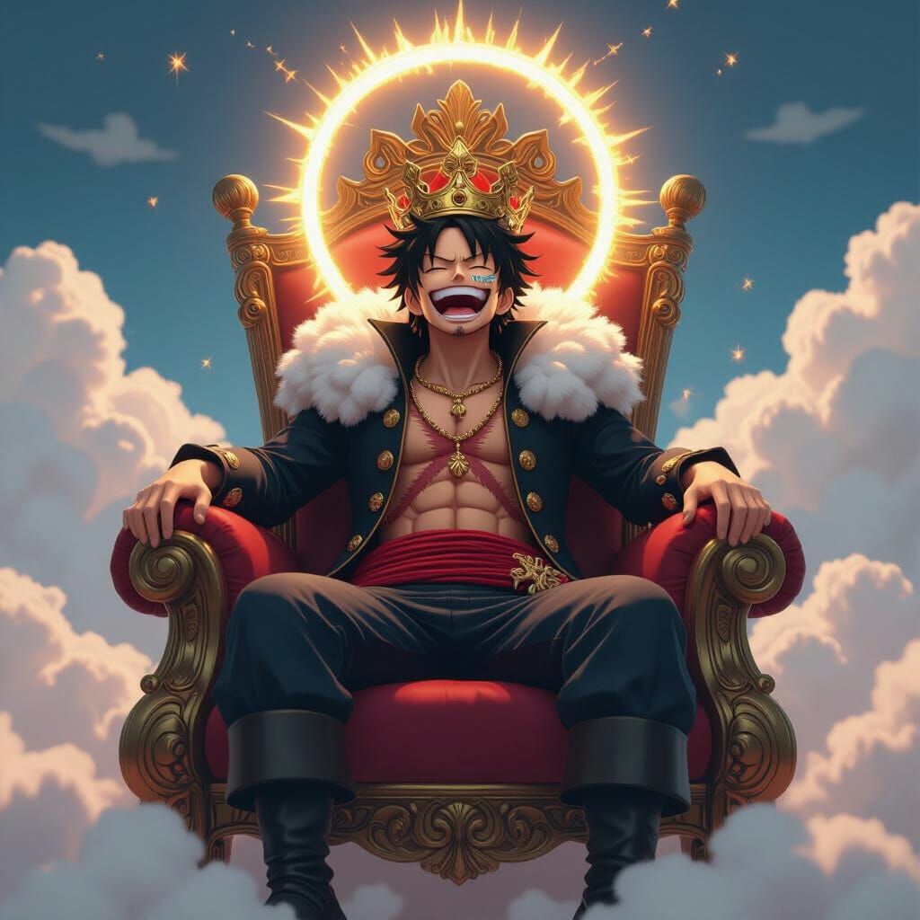 A black pirate that resembles gear 5 luffy from one piece siting on a throne laughing with a crown and rod with a halo and a cloud surroundi...