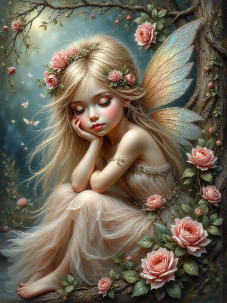 Fairy Girl Sleeping Peacefully Among Giant Acorns