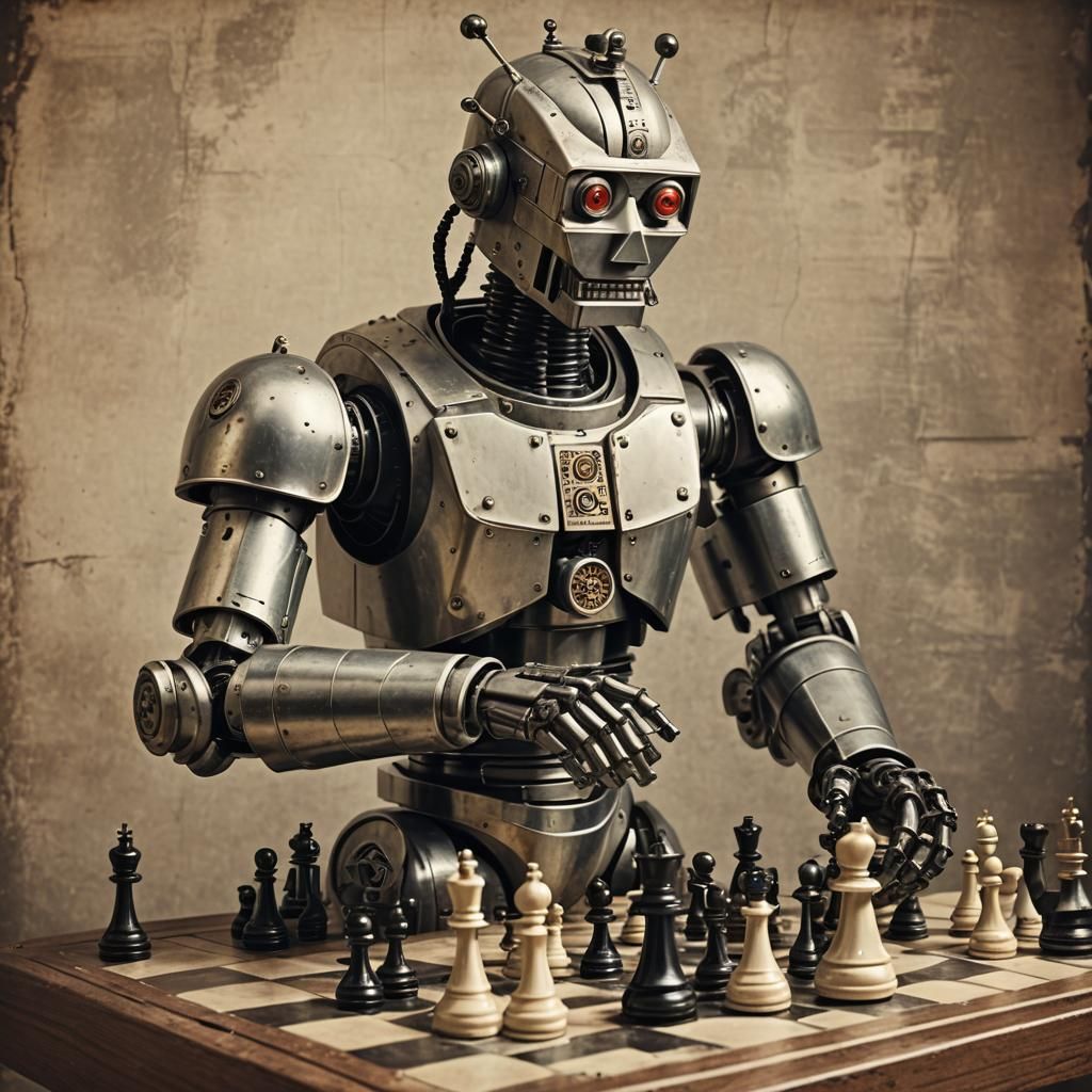 vintage robot playing chess  by @puutarhakarkuri