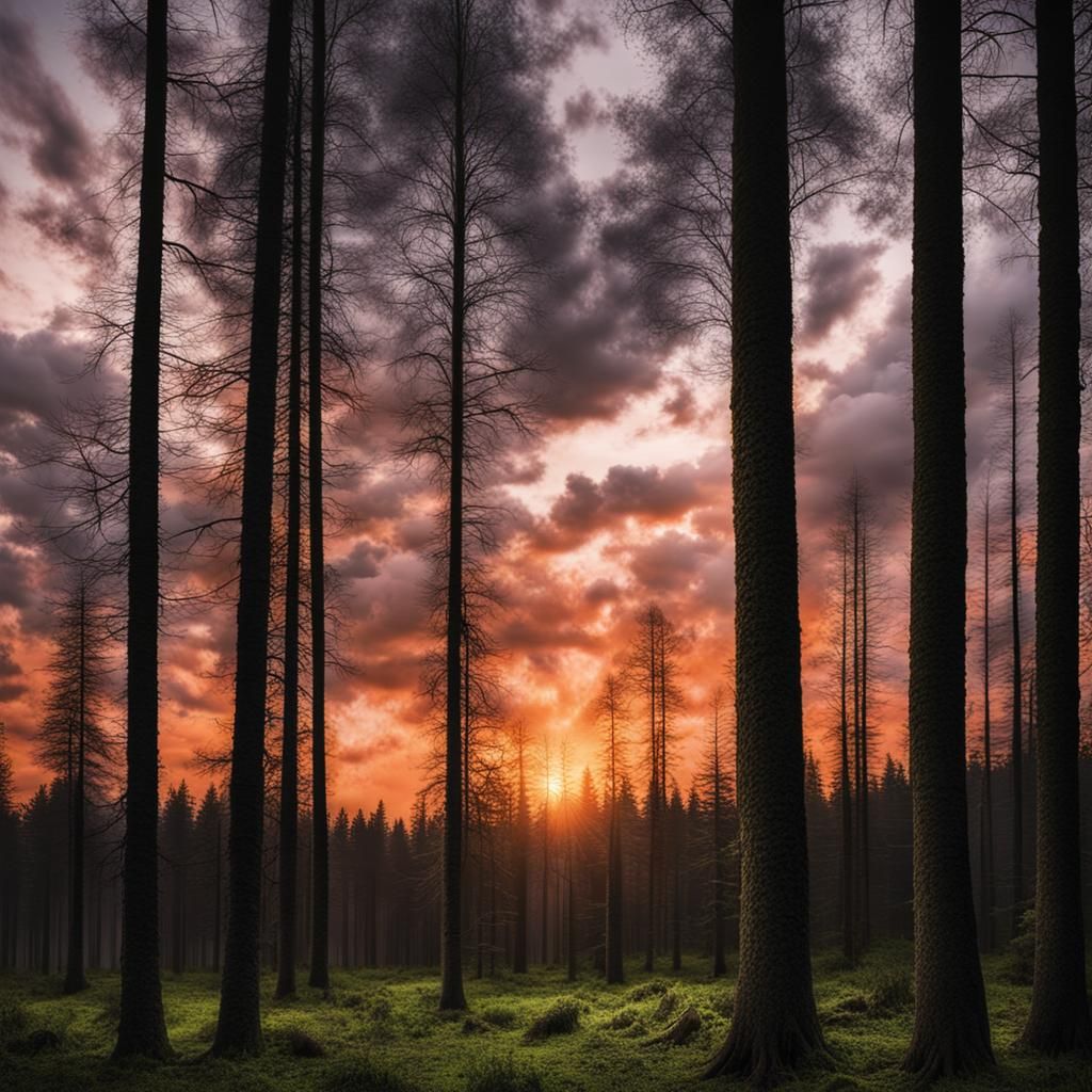A sunset in the forest, cloudy skies