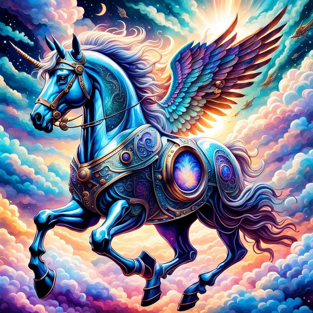 A pegasus flying through the clouds. (Color, dramatic, cosmi...