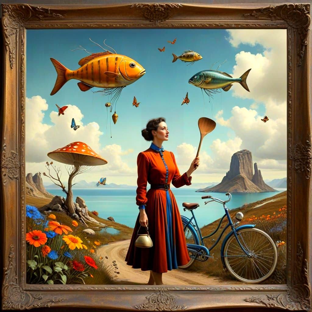 Surrealistic Portrait of a Happy Lady in a Vibrant Landscape
