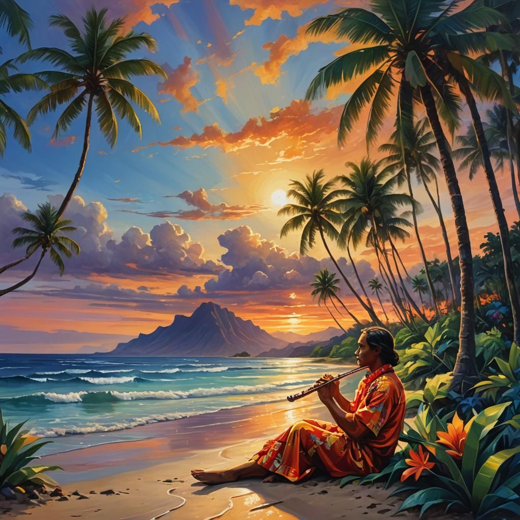 Hawaiian Sunset Flute Player: Vibrant Oil Painting