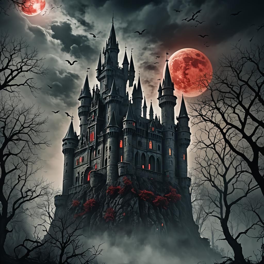 spooky castle with ghosts flying around in the night sky with a red moon sinister by Greg Rutkowski horror Gustave Doré Greg Rutkowski 