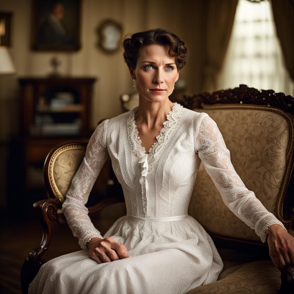 Woman In A White Victorian Grown Lace Dress In A Sitting Room With Old   SbxYHHHPIu5KvS28WIPW  1  G933g 