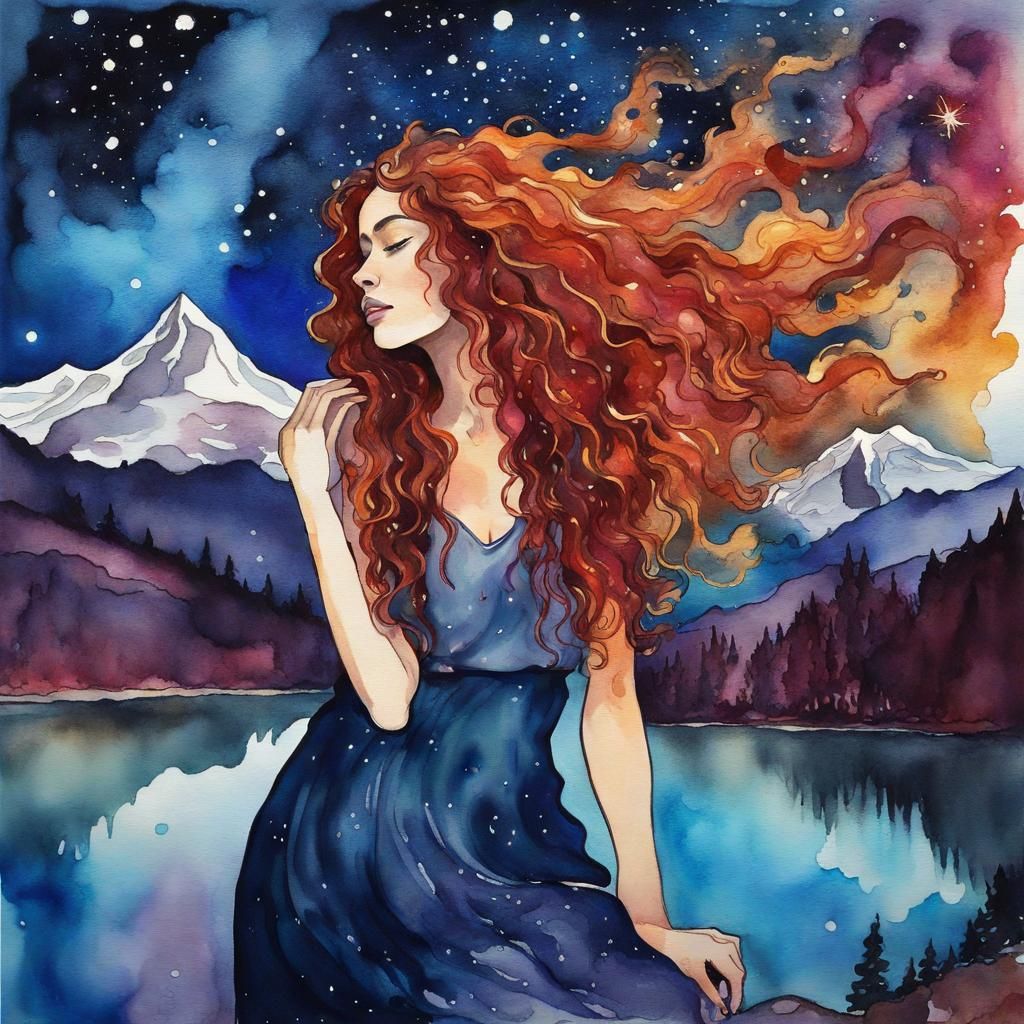Female with Very Long Flowing  Auburn Curly Hair, Next to Mo...