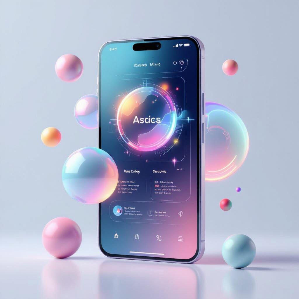 Stepping into iFuturistic phone screen that adapts to user habits, glowing adaptive UI with dynamic colors, abstract holographic shapes floa...
