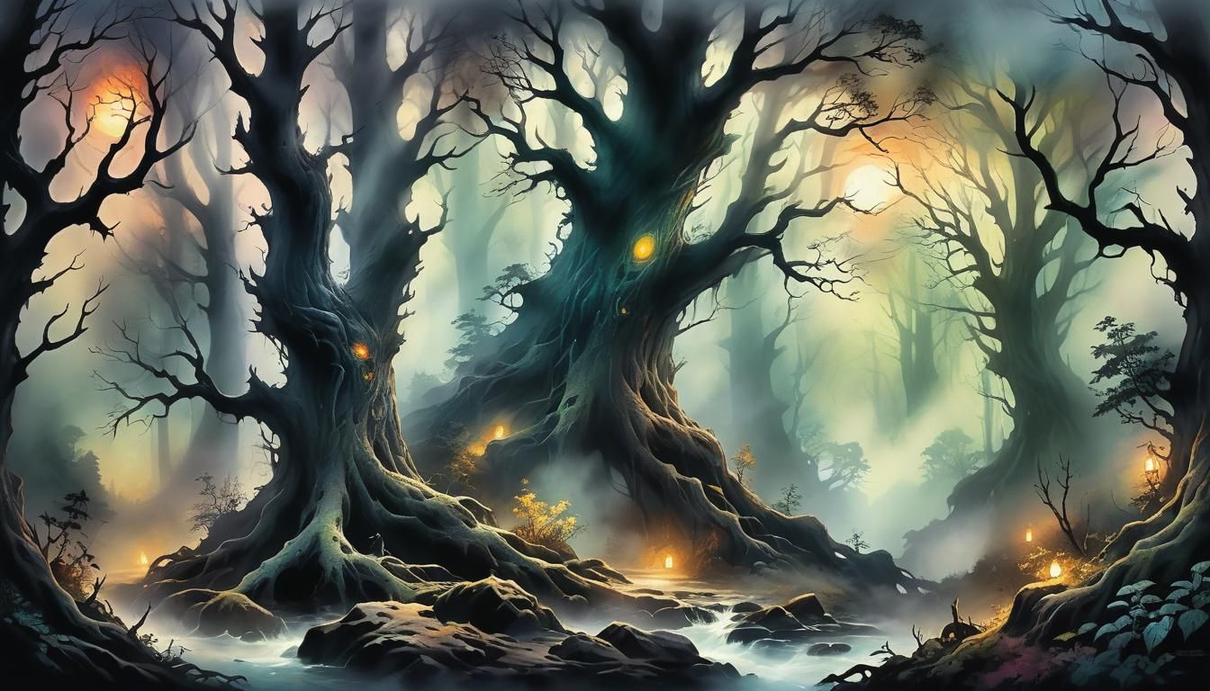 Haunted Forest: A dense, eerie forest with gnarled trees and...