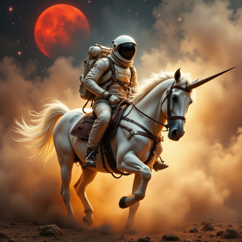 Astronaut Unicorn Ride Through Cosmic Dust