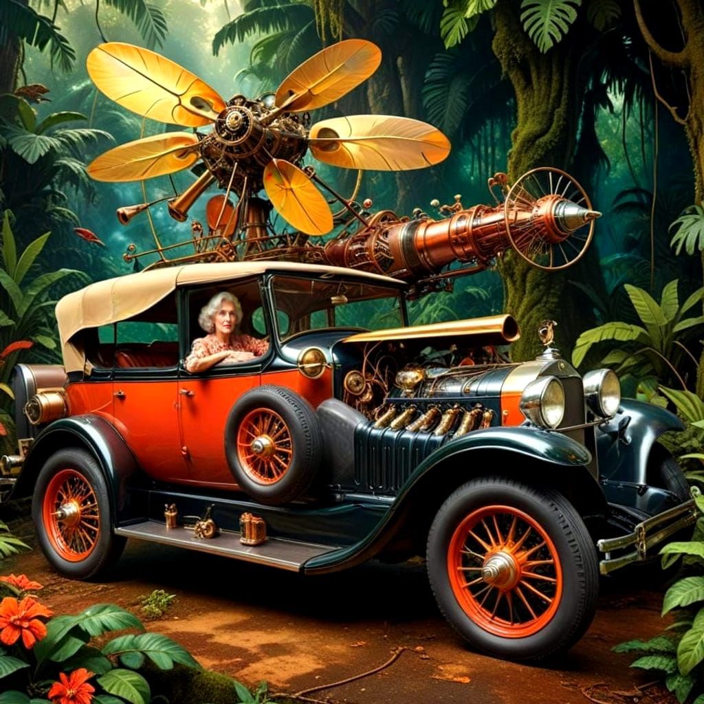 Surreal Antique Car With Beautiful Woman in Rainforest