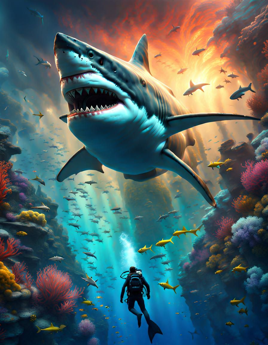 Giant shark in beautiful colorful ocean front of diver   by @Roswarcus