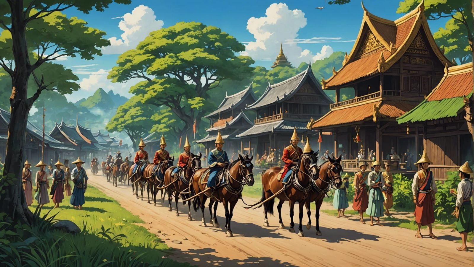 Thai royal procession passing through rural village 1800's.
...