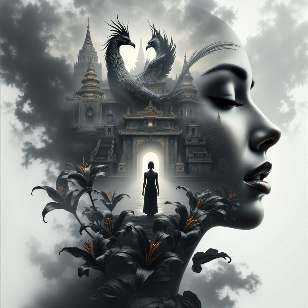 <lora:Triple Layer Effect:1.0> a triple layer portrait of a temple, a phoenix, black lilies, each image overlapping the other, stunning deta...