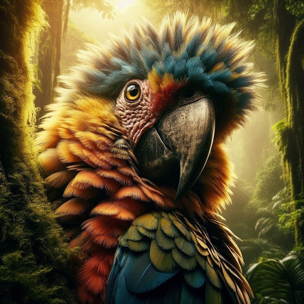 Extremely detailed cinematic film still photography of a parrot sitting in a jungle tree. detailed fur: sunbeam. looking into camera. detail...