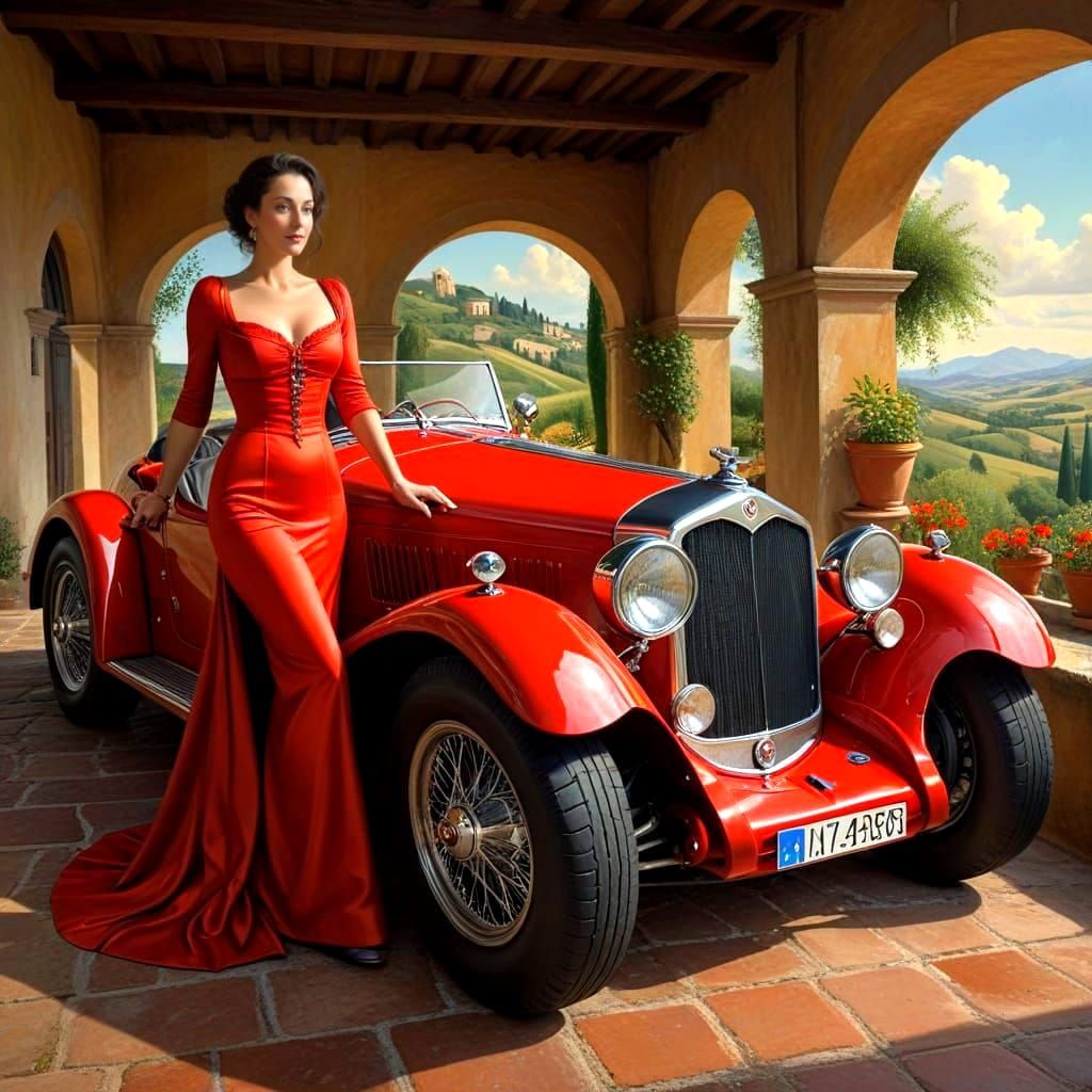 Happy Italian Renaissance Lady in Vibrant Surreal Landscape
