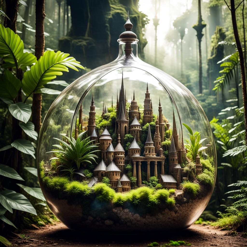A glass terrarium with a miniature city of spires AI Generated