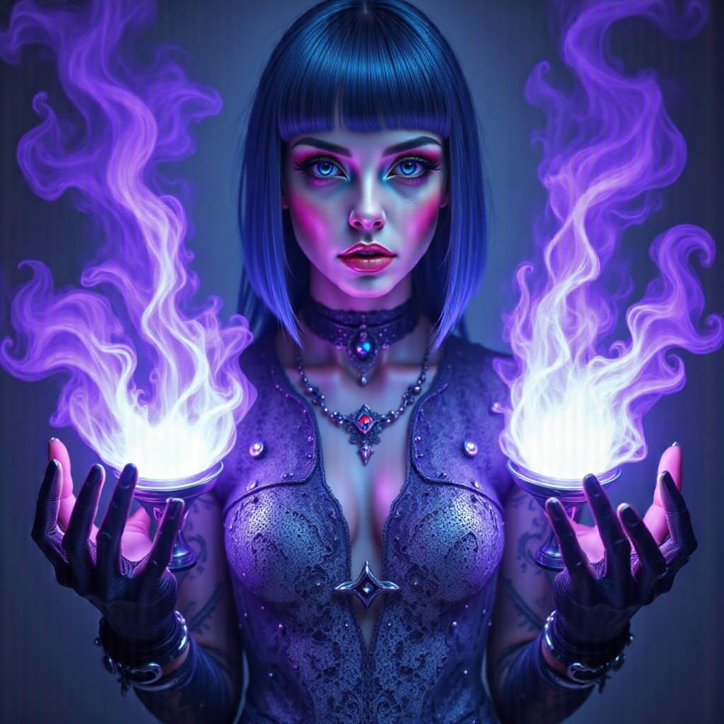 <lora:Goth-punk:1.0>  Surrealism. Close-up. A figure in metallic robes stands between two glowing vessels. Portrait shot. Digital painting s...