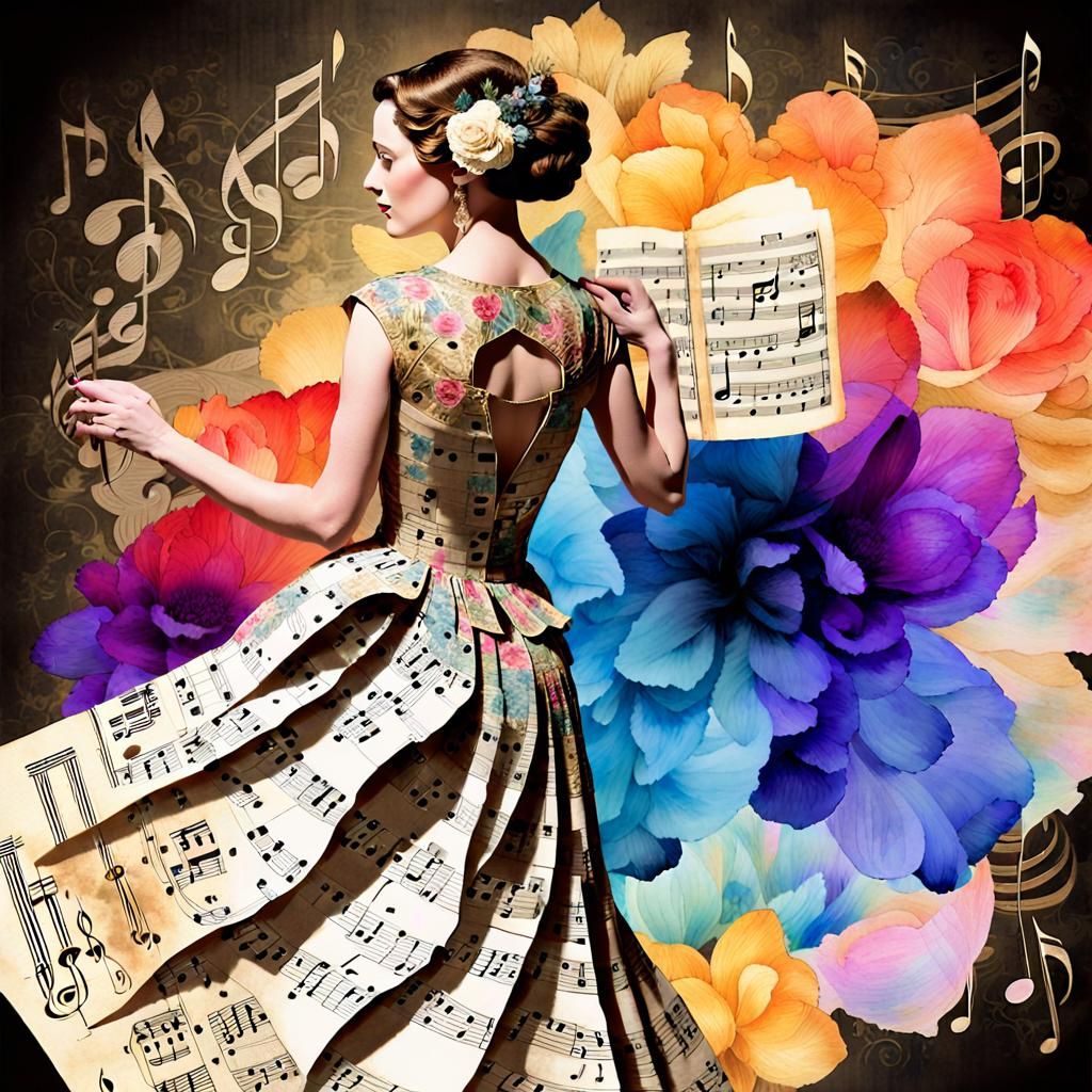 Woman's Sheet Music Dress in Collage Art Style