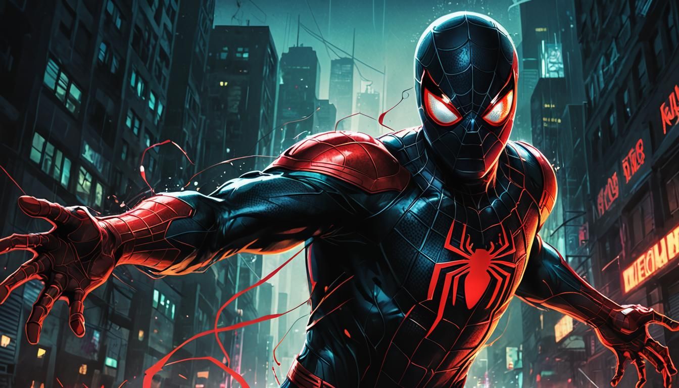 The image is a digital illustration of a superhero, specifically Spider-Man. He is in a dynamic pose, with his body slightly turned to the s...