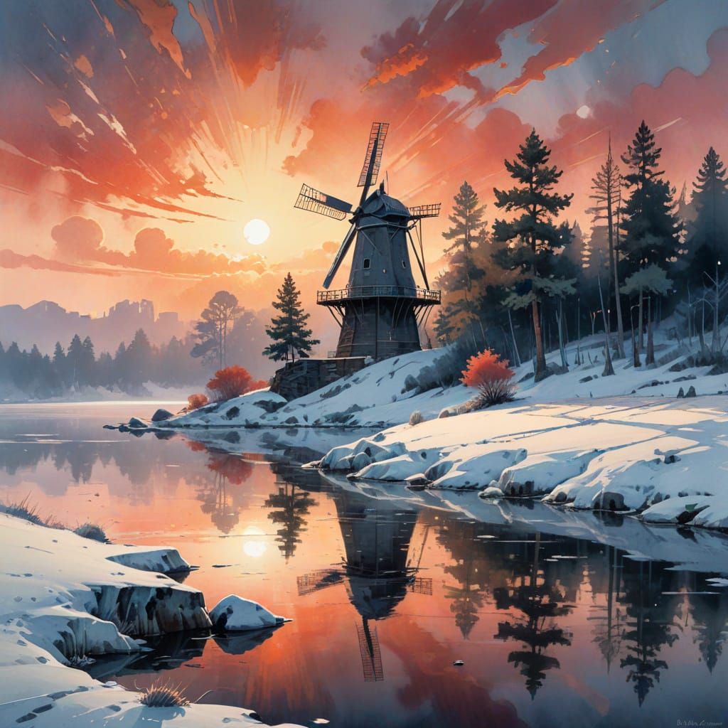 Watercolor Impasto of Windmill at Dawn