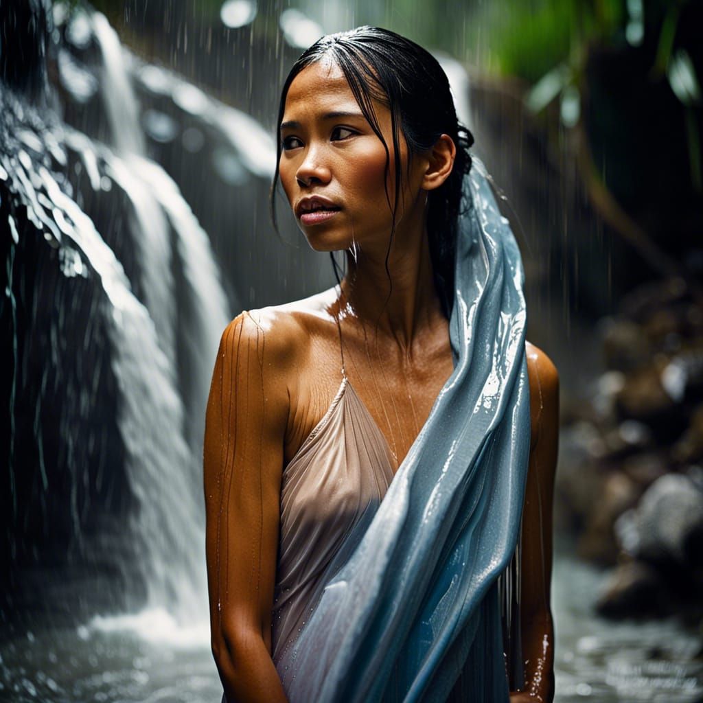 A filipino woman in a waterfall taking a shower with her dra...