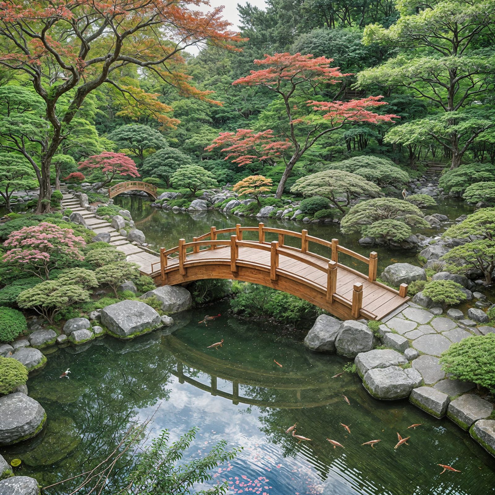 Serene Japanese Garden Bridge from Above