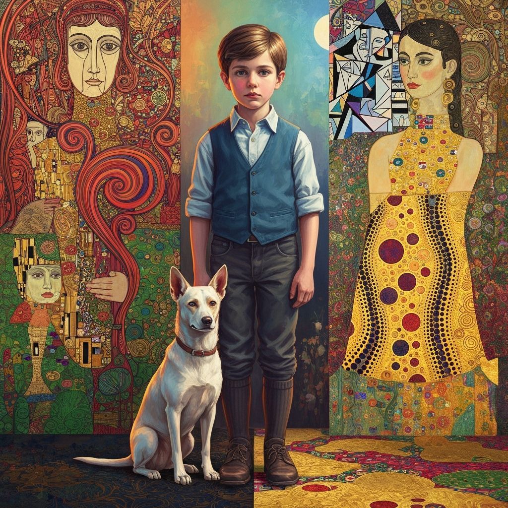Create a digital painting of geometric, stylized full color Beardsley, Bagshaw, Picasso, Kusama, Mucha: Full Length Portrait Of a boy and hi...