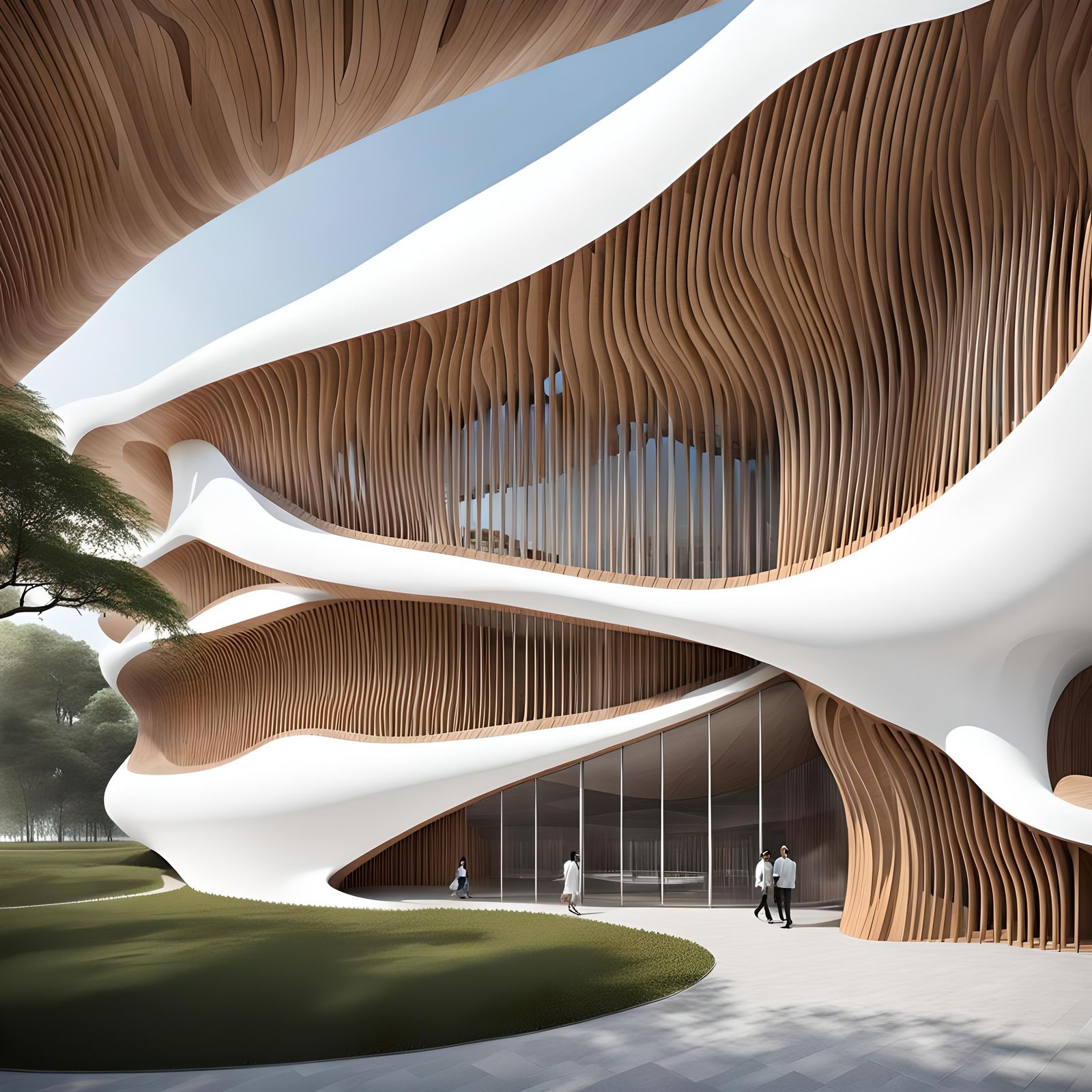 The building features fluid curves and twists, with cutouts ...
