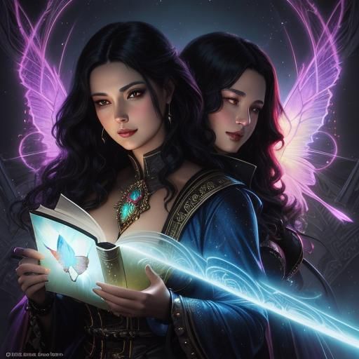 two women dressed in colorful costumes reading a book togeth...