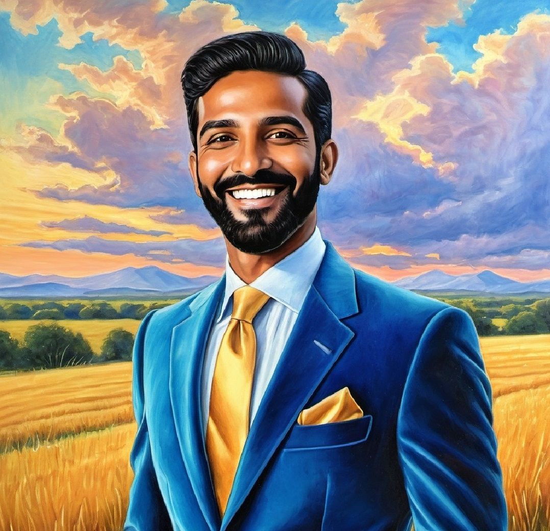 A handsome bearded man wearing a blue velvet suit