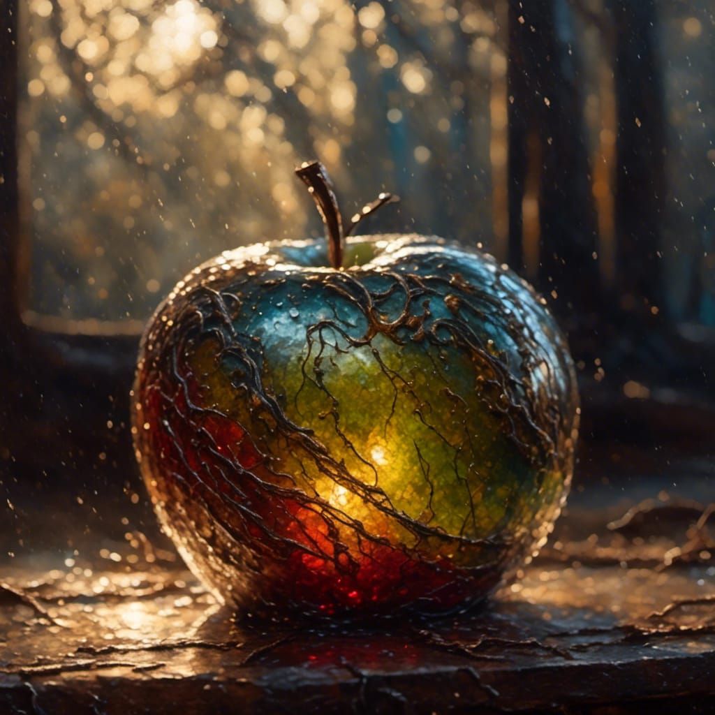 a Grungy oil painting of a back lit epic glass apple, intricate details, HDR, beautifully shot, hyperrealist, sharp focus, 64 megapixels, bo...