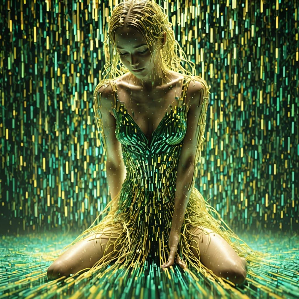 A female dancer dissolving into a stream of luminous binary code