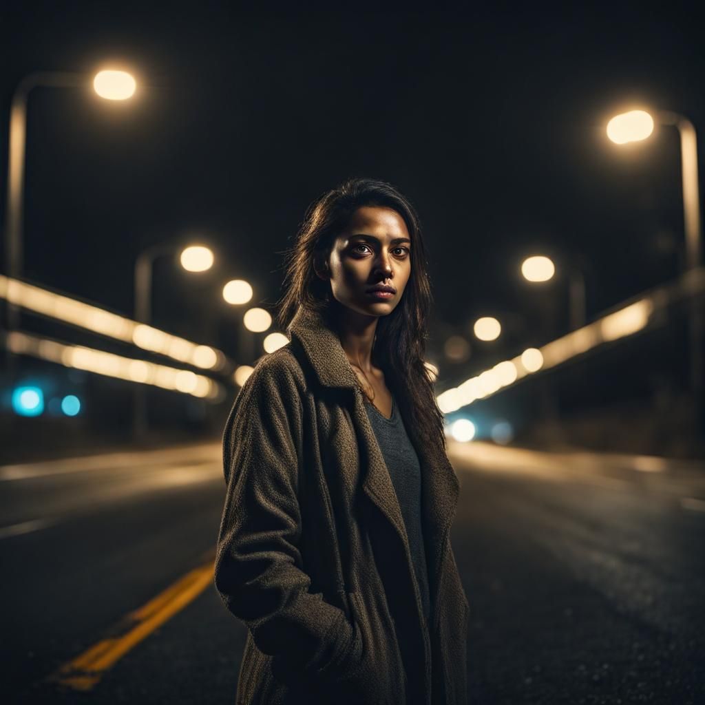 Portrait of woman in the middle of the night in the dark roa...