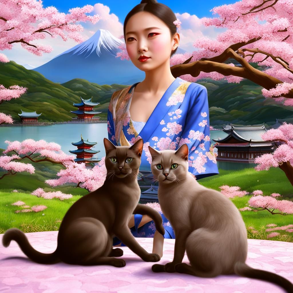 Burmese Cats Play Under Sakura Tree