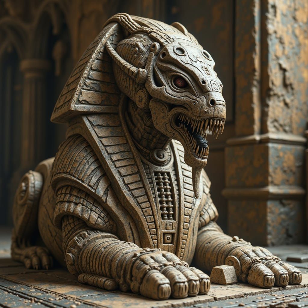 Stone Sphinx with Xenomorph Head in Egyptian Pyramid