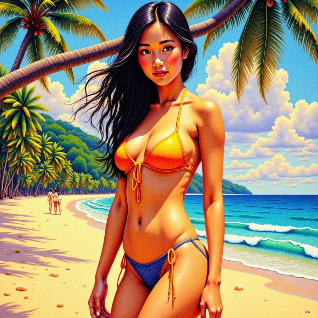 Pointillism painting of beautiful Thai woman in bikini on tropical beach at sunset <lora:Pointillism 1-01:1.0>