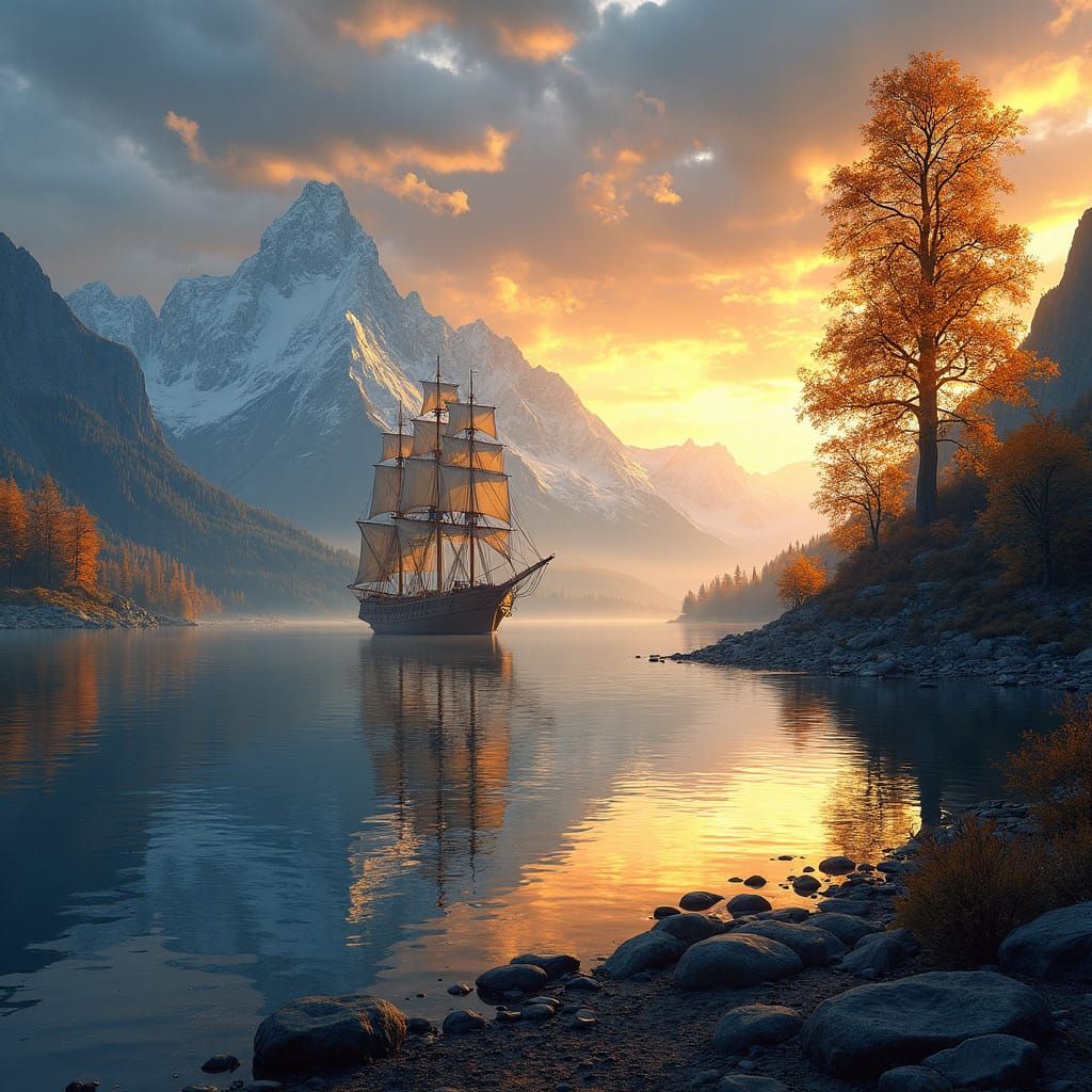 Sailing Ship on Calm Lake at Sunset