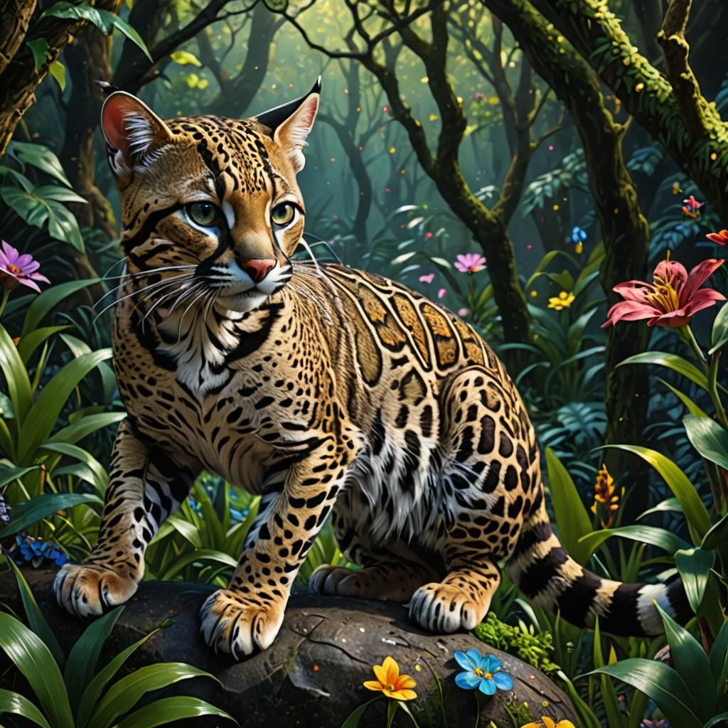 A young ocelot admiring the flowers  by @pinkmachismo21