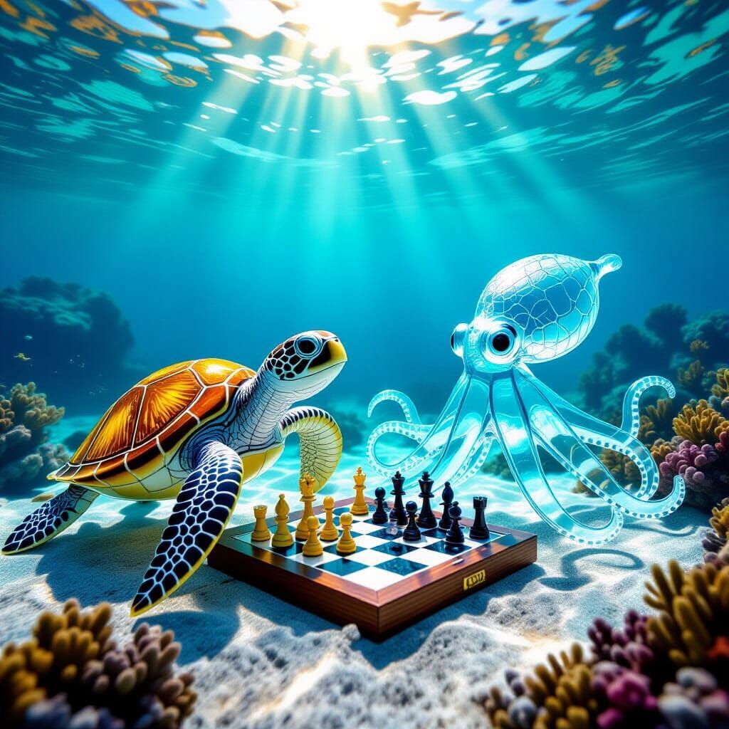 Sea turtle and glass octopus playing chess under the sea.  by @whsimdesigns