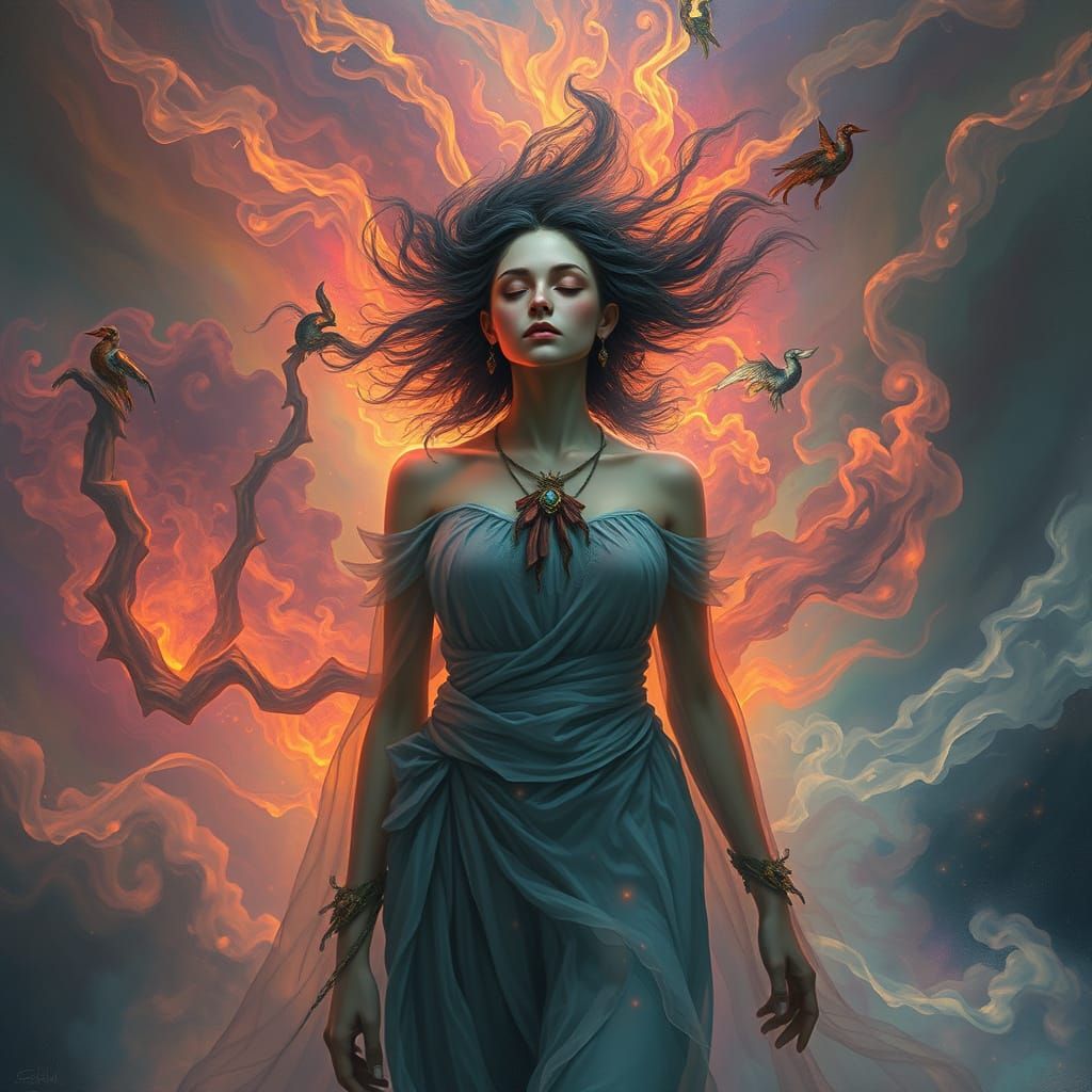 Dreamscape: Ethereal Figure in Swirling Smoke