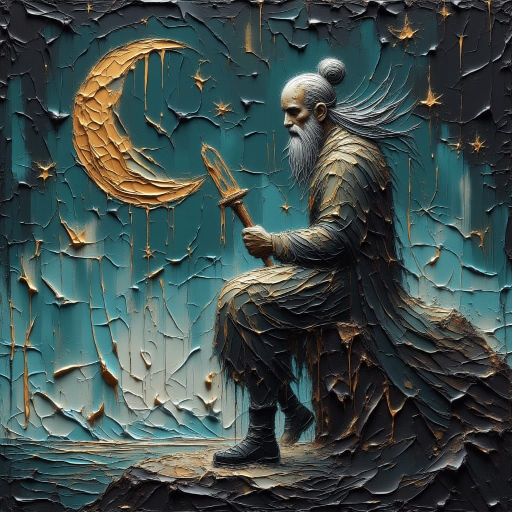 <lora:Moonchild:1.0> Moonfellow, divine masculine lunar guardian, regal and ancient, chiseled jawline, bald head, masculine silver beard wit...