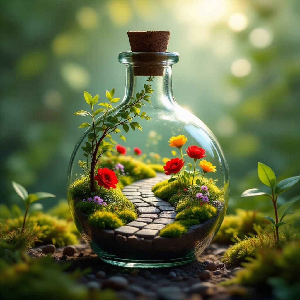 Miniature Garden in Glass Bottle, Hyperrealistic Style