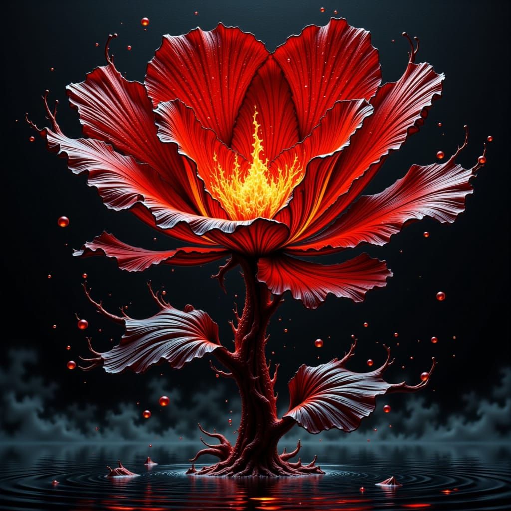 mc escher/kusama surprise with black and red Monet flower made of fire, built on water <lora:Grab Bag-Surprise:1.0> <lora:Black-Red Textures...