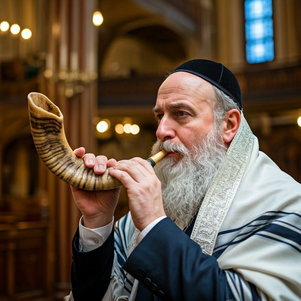 Hasidic Man Blowing Shofar in Synagogue