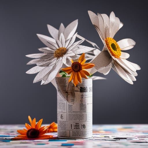 Collage of flowers made from newspaper, showing newsprint