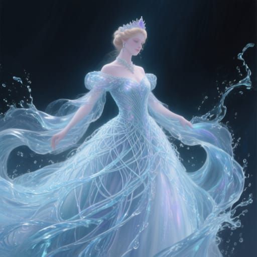 "a gorgeous princess wearing A flowing ballroom gown, its fabric woven from thousands of delicate, interconnected streams of pure, clear wat...